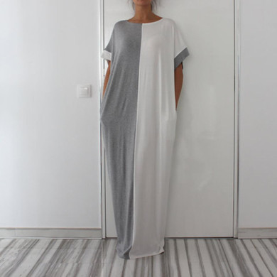2018 Summer Fashion Patchwork Color Women Elegant Dresses Plus Size Loose Maxi Dress Casual Beach Tunic Vestido D28-AB-43