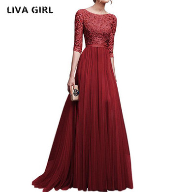 2018 summer Elegant Women Floral Lace Long Dress Floor Length Party Dressess Ladies Half Sleeve Chiffon Dress With Lace S-XXL