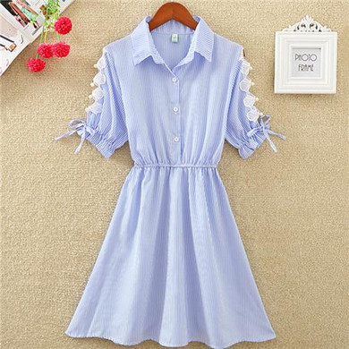 2018 Summer Elegant Office Dress Shirt Elegant Blue Stripped Tunic Turn Down Collar Shirts Women Dresses Wear to Work E108
