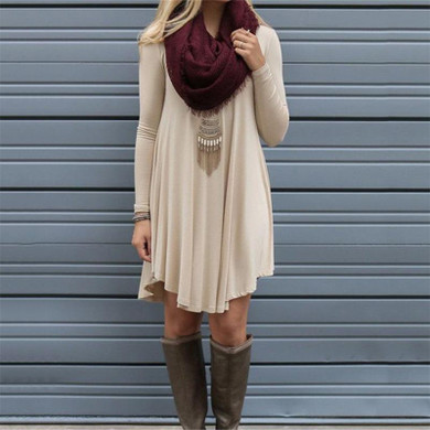 2018 Summer Casual Style Loose Comfortable Knitting Dress Women Solid Long Sleeve O-Neck Asymmetrical Dress Plus Size
