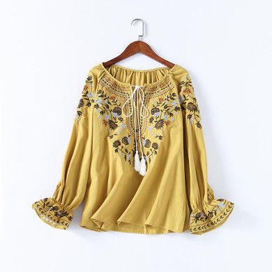 2018 Spring Women Fashion Cotton Shirt Casual Summer Floral Embroidery Lace-up O-neck Blouse Shirt Ladies Casual Boho Tops