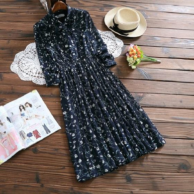 2018 Spring Summer Women Floral Printed Dress Stand Collar Full Sleeve Femininos Vestidos Chiffon New Casual Loose-Waisted Dress