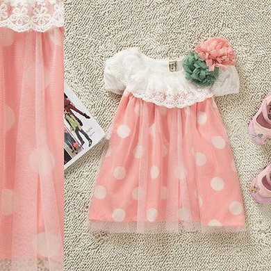 Baby Girls Polka Dot Short Sleeve Lace Dress Baby Summer Beach Dress 0-24M