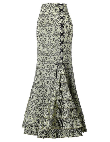 Belle Poque Vintage Skirts Womens 2018 Retro Gothic Saia Jacquard Sexy Fishtail Slim OL Corset Style Lace Up Women Long Skirt