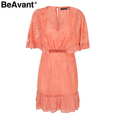 BeAvant Chiffon ruffle summer dress Women batwing sleeve streetwear causal dress Hollow out pink short dress spring vestidos