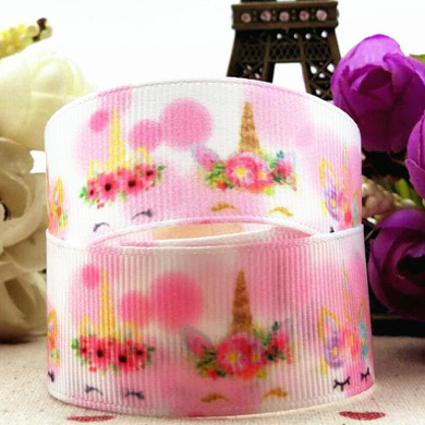New 1 '25mm pink unicorn cartoon ribbon 10 yards DIY handmade material gift package printing bow printing. belt grosgrain ribbon