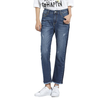 2018 LEIJIJEANS Spring Plus Size Side Fashion Shawdow Ripped Bleached Tassel Mid Waist Ankle Length Loose Straight Women Jeans