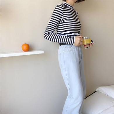 2018 Korean Style Long Sleeve T Shirts Women New Hot Sale Student T-shirt Womens Fashion Harajuku Striped Female Slim Femme Lady