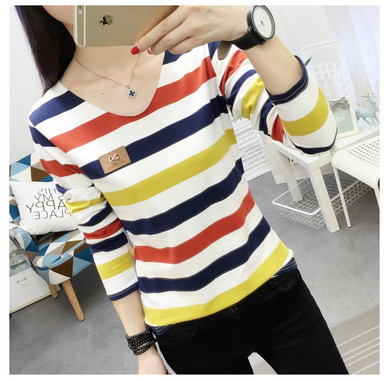 2018 korean new spring female T-shirt fashion long sleeve colorful stripe t shirt women kawaii student t-shirt casual women tops