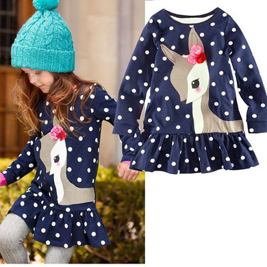 Baby Child Kid Baby Girls Long Sleeve Lace Dress One-piece Dots Deer Cotton Dress
