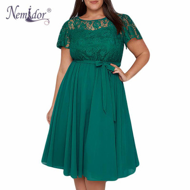 Nemidor Women Vintage Short Sleeve Casual Lace Top Overlay A-line Dress O-neck Plus Size Party Summer Chiffon Midi Swing Dress