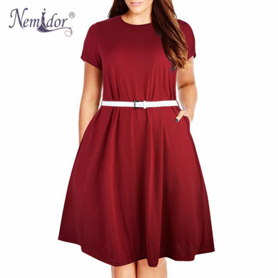 Nemidor Women Summer Vintage Short Sleeve 50s Party Belted A-line Dress Stretchy Midi Plus Size 7XL 8XL With Pockets Swing Dress
