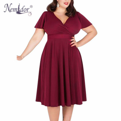 Nemidor Women Sexy V-neck Short Sleeve 50s Party A-line Dress Vintage Stretchy Midi Plus Size 7XL 8XL 9XL Cocktail Swing Dress