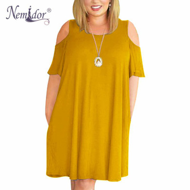 Nemidor Women Casual O-neck Off The Shoulder Midi Plus Size Summer Dress Short Sleeve Loose Vintage Dress With Pockets