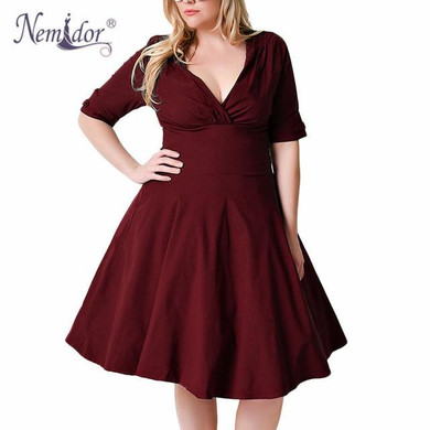 Nemidor Women 1950s Plus Size 7XL 8XL Half Sleeve V-neck Retro Dress Elegant Stretchy Cocktail Knee Length Swing Dress