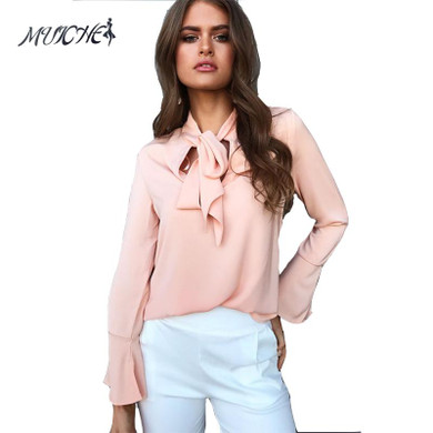 MUICHES Women Blouse 2017 Autumn Chiffon Blouse Elegant Tops Long Sleeve Shirts With Bow Tie Office Lady Wear Female Tops