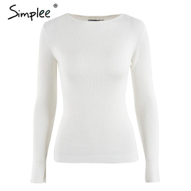 Simplee White knitted pullover sweater women Sexy elastic long sleeve knitting pullover Casual autumn winter jumper pullover