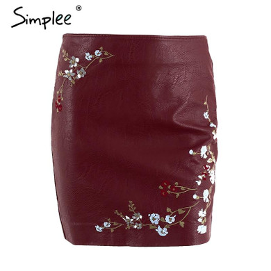 Simplee Vintage embroidery leather skirt women Elegant zipper PU pencil skirt 2017 Autumn fashion streetwear mini skirt Simplee Vintage embroidery leather skirt women Elegant zipper PU pencil skirt 2017 Autumn fashion streetwear mini skirt