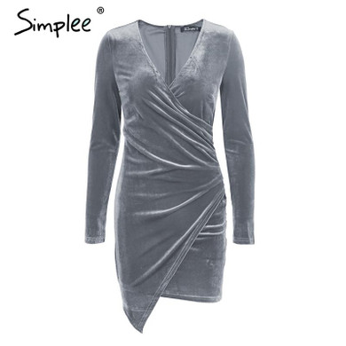 Simplee Velvet soft deep v neck bodycon dress Vintage autumn winter elastic sexy dress women long sleeve party dresses vestidos