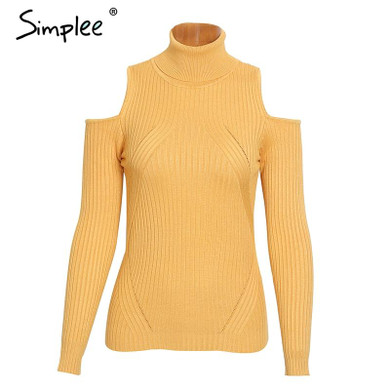 Simplee Turtleneck cold shoulder knitted sweater women Casual cotton streetwear pullover female Sexy autumn winter jumper 2017