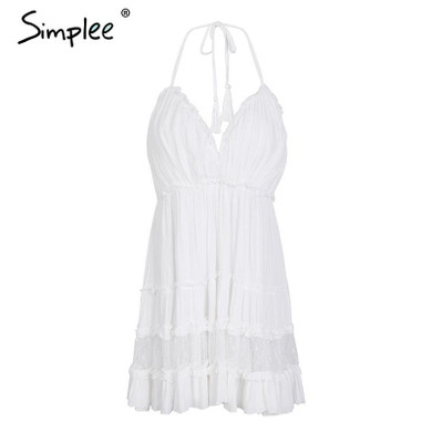 Simplee Strap backless mini summer dress women V neck tassel sexy lace white dress female 2018 streetwear beach dress vestidos
