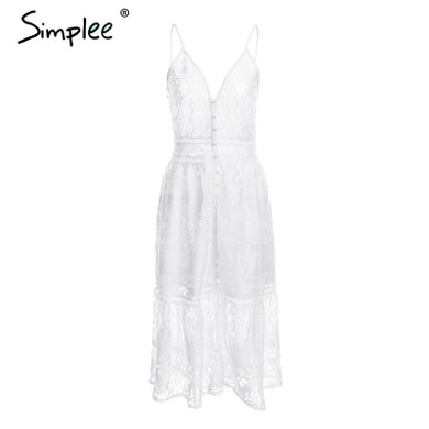 Simplee Strap backless long summer dress women V neck button sexy lace dress female Streetwear casual white dress vestidos 2018
