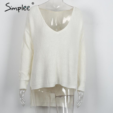 Simplee Sexy v neck split knitted sweater Women black long sleeve pullovers knitwear Autumn winter white jumper pull femme 2016