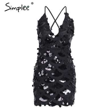 Simplee Sexy strap black sequin mini dress women V neck back zipper party dresses female 2017 backless autumn winter short dress