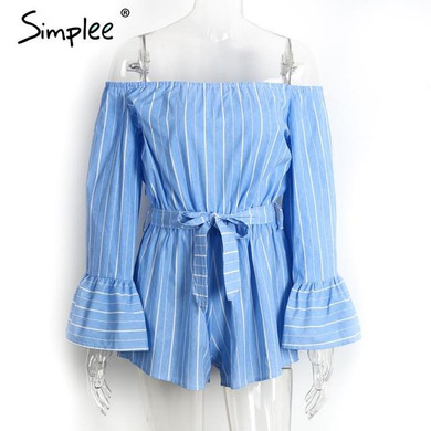 Simplee Sexy off shoulder striped jumpsuits romper Summer beach flare sleeve overalls women Streetwear party playsuit leotard