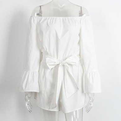 Simplee Sexy off shoulder flare sleeve jumpsuit romper Elegant bow ruffle women overalls Causal blue summer beach playsuit