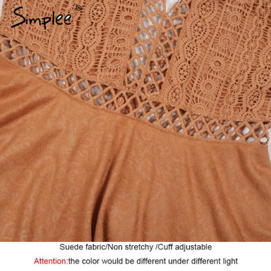 Simplee Sexy lace up v neck suede lace dress women Hollow out flare sleeve winter dress party christmas Autumn backless femme