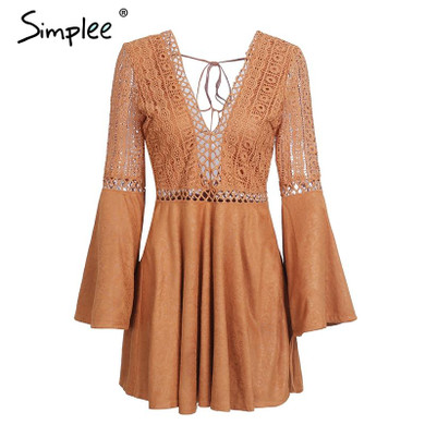 Simplee Sexy lace up v neck suede lace dress women Hollow out flare sleeve winter dress party 2017 Autumn backless robe femme