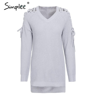 Simplee Sexy lace up split knitted sweater Women autumn winter black long pullover jumper Casual hollow out knitwear pull femme