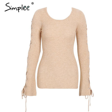 Simplee Sexy lace up knitting pullover Fashion flare sleeve autumn winter sweater women tops Casual hollow out jumper pull femme