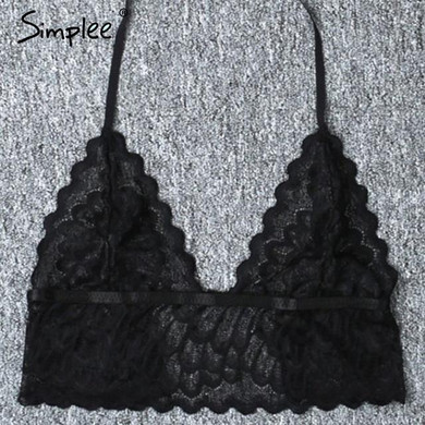 Simplee Sexy halter white lace bra bralette Unpadded mesh hollow out brassiere Summer transparent crop top lingerie