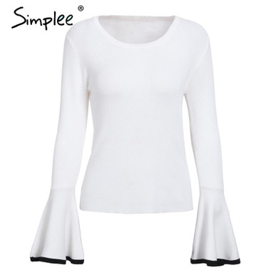 Simplee Sexy flare sleeve white knitting pullover Fashion autumn winter sweater women tops Casual soft elastic jumper pull femme