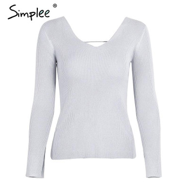 Simplee Sexy backless lace up knitting pullover top Fashion slit cuff autumn winter sweater women Chic pink jumper pull femme