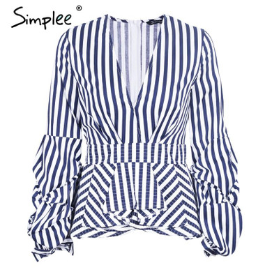 Simplee Ruffle v neck stripe blouse shirt Women tops casual streetwear white blouse Elegant cotton 2017 autumn blouse female