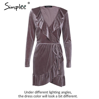 Simplee Ruffle vintage velvet dress women V neck short sexy dress Autumn winter long sleeve blue wrap dress vestido de festa