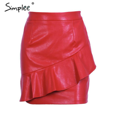 Simplee Ruffle black short leather skirt High waist streetwear red mini skirt womens bottom 2017 chic autumn mini skirts
