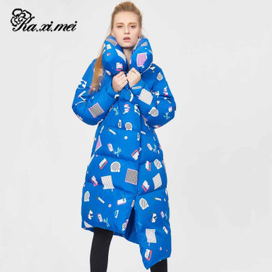 Kaximei White Duck Down Full Down Jacket Women 2017 New Arrival Irregular Print down Jacket 3D Wear Outwear Coat 1689