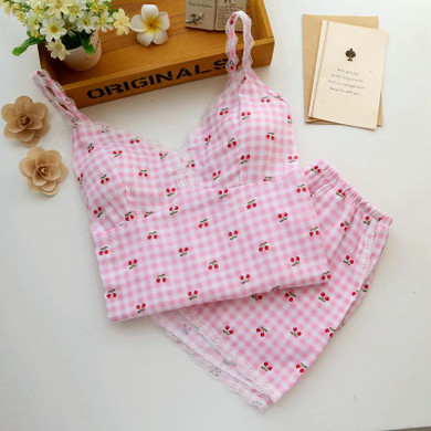 Kawaii cute Cherry cotton short pajamas Sets women Sexy Sleepwear Summer Spaghetti Strap Lace pijamas mujer women homewear