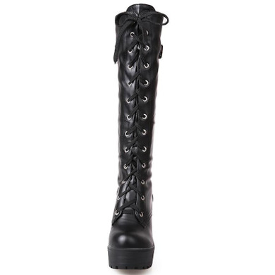 KarinLuna plus size 34-43 Sexy square high heel Knee High Boots Women Lace Up Thick Platform Winter Shoes With Fur Snow Boot