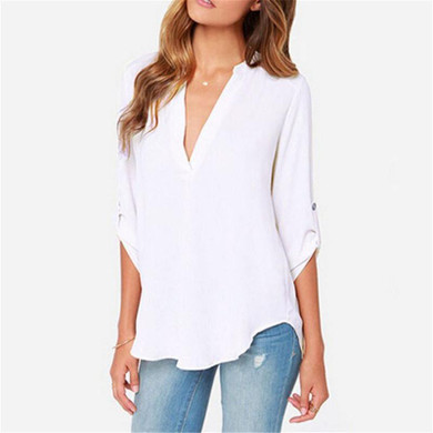 2018 Blusas Femininas New Women V Neck Solid White Chiffon Blouse Sexy lady Long Sleeve Blusa Fashion Blouses Shirt Black Tops