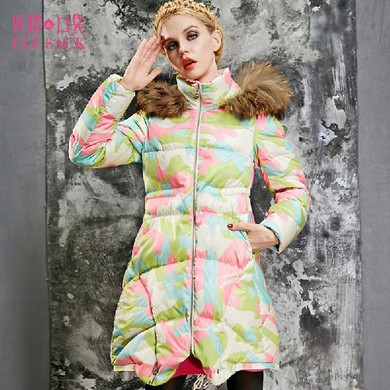 ELF SACK Women Winter Printed Camouflage Pattern Fur collar Metal Zipper Tunic White Duck Down Warm Trench Down Jacket