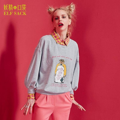 ELF SACK Women Fake Two Pieces Print Sweatshirts Womens Loose 2017 Autumn Pullovers Plaid Turn-down Collar Casual Sweatshirts