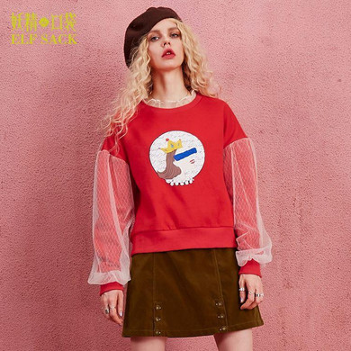 ELF SACK Autumn Women Lace Parchwork Sweatshirts Women Print Towel Embroidery Pullovers Female Loose Lantern Sleeve Sweatshirt