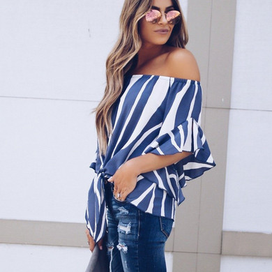 Elegant Women Striped Off Shoulder Blouse Shirts Chiffon Sexy Waist Tie 2018 Flare Sleeve Tops Slash Neck Ladies Loose Blusas