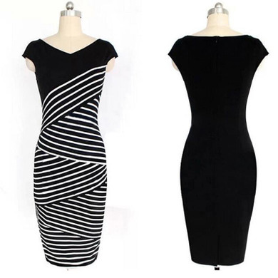 Elegant Women Summer V Neck Dress Black and white stripe Stitching Pencil Dresses Lady Knee-Length Party Bodycon Dress