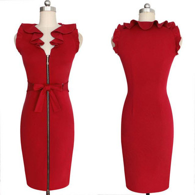 Elegant Women Party Dress 2017 Summer Elegant Ruffles Work Dress Sleeveless Party Dress Female Vestidos V-neck Split Robes Tunic